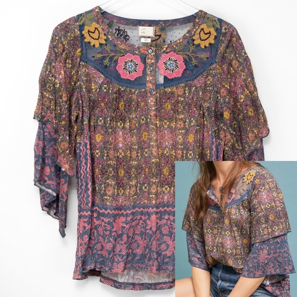 Anthropologie Postmark Henley Embroidered Top Floral 3/4 Sleeve Blue Pink Medium - Picture 1 of 8